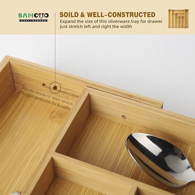 Expandable Bamboo Kitchen Drawer Organizer – Silverware Organizer, Utensil Holder & Cutlery Tray Drawer Dividers for Flatware (20"x16.9" Large Size, 8 Slot, Natural)