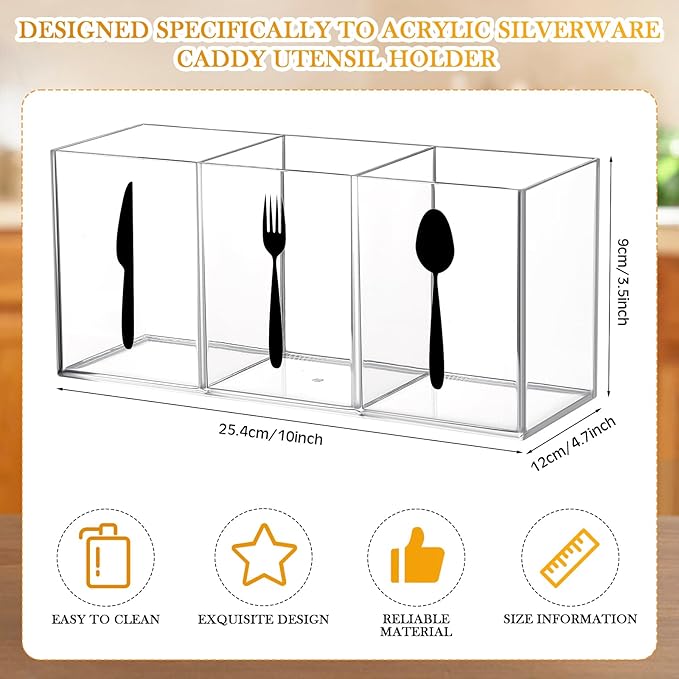 Suzile Acrylic Cutlery Storage Organizer Bin Silverware Caddy Countertop Knife Spoon and Fork Holder Kitchen 3 Section Tableware Storage Box for Cabinet Indoor Home Flatware Dining Room (Clear,L)
