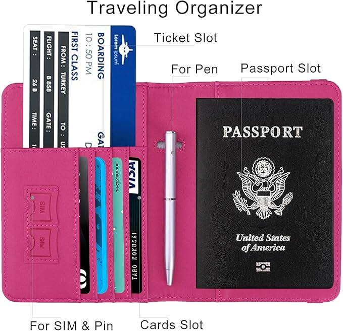 WALNEW Passport Holder for Travel, RFID Passport Cover Wallet for Women Men, PU Leather Passport Book Card Holder Case with Pen, Travelling Essentials for Flying