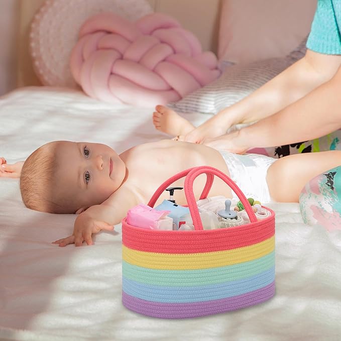 COMSE Baby Diaper Caddy Organizer, Car Caddy, Diaper Change Organizer, Gift Baskets Empty, Portable Tote Bag with Divider, Baby Shower Gifts Newborn Essentials Registry Must Have, Rainbow