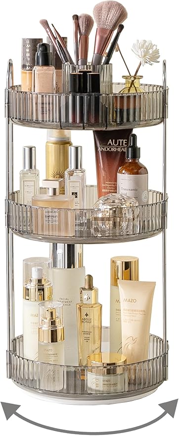 360 Rotating Makeup Organizer, 3-Tier Large Capacity Makeup Organizers and Storage, Skincare Perfume Vanity Organizers, Bathroom Cosmetics Storage Organizer Countertop (Grey)
