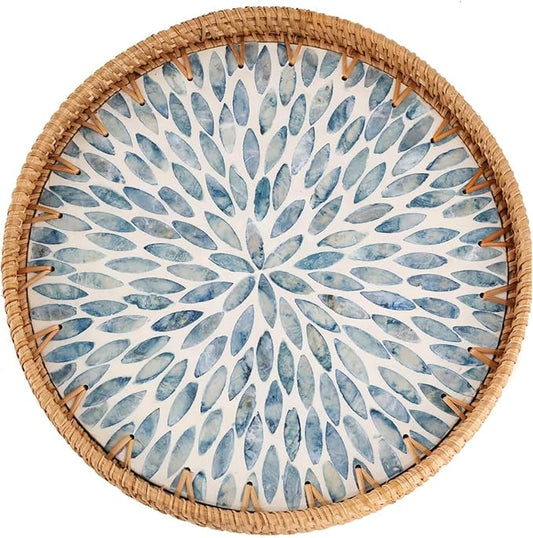 12" Large Rattan Serving Tray with Mother of Pearl, Decorative Coffee Table Trays for Home Decor, Large Wicker Woven Serving Tray Decor for Kitchen Counter,Living Room and Ottoman, Blue