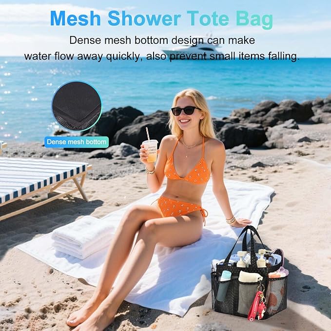 Haundry Mesh Shower Caddy Basket, Large College Dorm Bathroom Caddy Organizer with Key Hook and Oxford Handles, 8 Pockets, Hanging Portable Tote Bag for Camp Gym