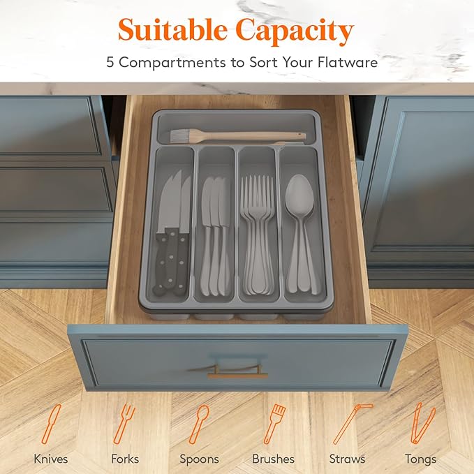 Lifewit Silverware Organizer with Lid, Covered Utensil Tray for Kitchen Drawer and Countertop, Plastic Cutlery and Flatware Storage Box for Spoons Forks Knives Holder Case, 5 Compartments, Gray