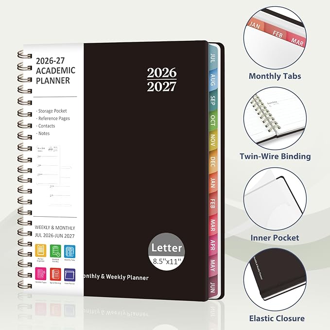 Planner 2026-2027, Weekly and Monthly Academic Planner, July 2026 - June 2027, Hardcover Calendar Agenda Book for School Year Planning, School Supplies for Teacher and Student, Letter Size(8.5'' x 11'')