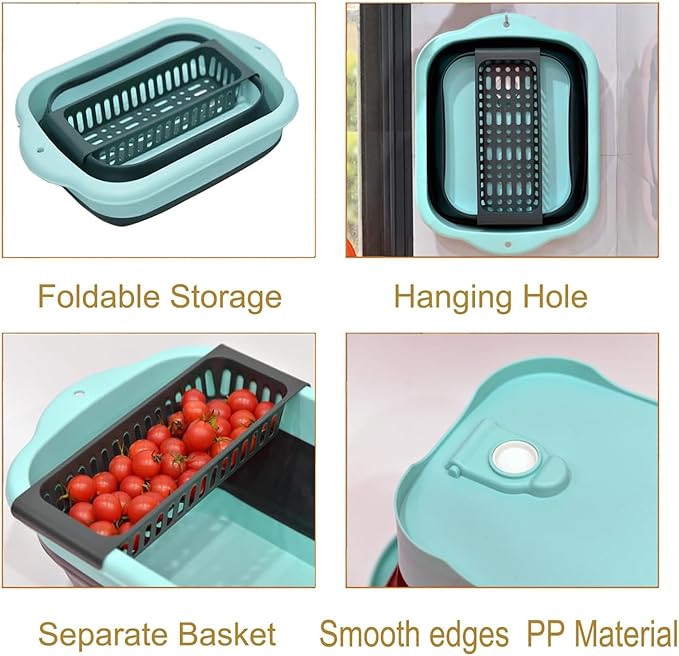 2.98 Gallon (11.28L) Collapsible Dish Basin with Drain Plug, Outdoor Multiuse Foldable Sink Tub, Dishpan, Wash Basin, Portable Kitchen Storage Tray for Camping, RV, Beverage Bucket (Green)