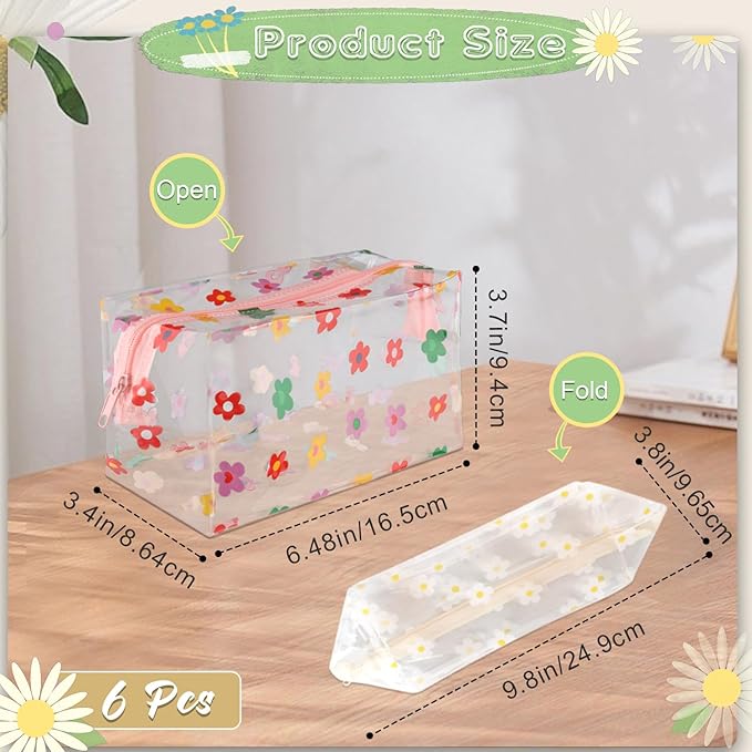 6 Pcs PVC Flower Toiletries Bags with Zipper Plastic Floral Cosmetic Organizer Empty Daisy Pattern Shower Bags Portable Zippered Makeup Pouches for Travel Beach Vacation Bathroom