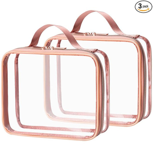 MODENGKONGJIAN TSA Approved Clear Toiletry Bag, 2 Pack Clear Quart Size Travel Makeup Cosmetic Bags with Handle Large Opening, Carry on Airport Airline Compliant Bag for Women Men (Gold)