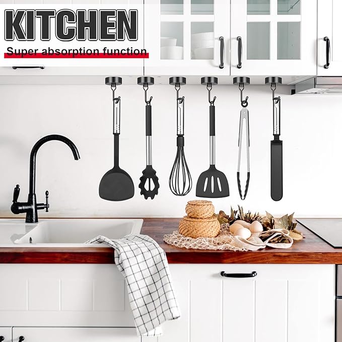 FINDMAG Magnetic Swivel Hooks 110lbs+ Strong Heavy Duty Magnets, Cruise Cabin Essentials, Fridge, Kitchen, Grill, Classroom, 8 Pack (Black)