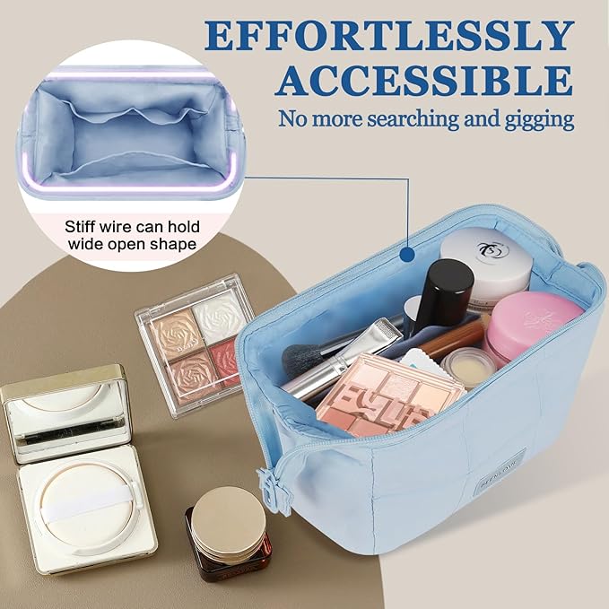 Makeup Bag Travel Toiletry Bag - Puffy Padded Make Up Bag, Waterproof Cosmetic Bag with Multiple Compartments, Wide-open Makeup Pouch for Cosmetics, Toiletries, and Travel Essentials, Blue