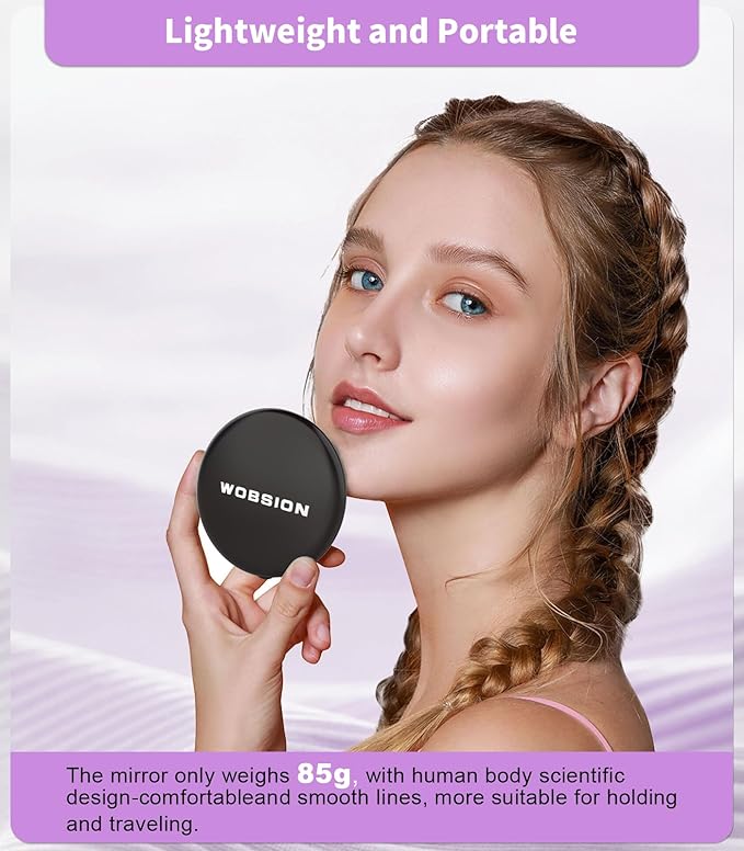 WOBSION Travel Compact Mirror,Portable 1x/10x LED Makeup Mirror with Magnification,Handheld 2-Sided Pocket Mirror, 3.5in Small Mirror for Purse,Handbag,Gift,Black