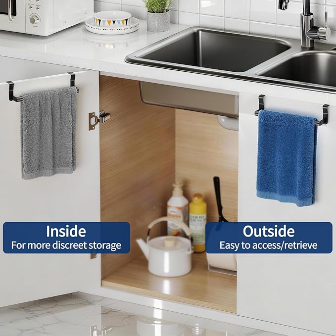 Over Cabinet Towel Holder, 2 Pack Over The Cabinet Doors Towel Rack Bars for Kitchen, Stainless Steel Dish Towel Holder (Black)