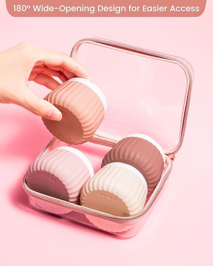 Travel Containers for Toiletries 4 Pack, Clear Hard Zipper Case, TSA Approved Travel Size Toiletries, With Clear Bag Leak Proof Silicone Jars, Cream Jars Carrying Small Items