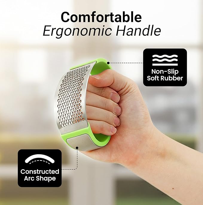 Zulay Kitchen Stainless Steel Garlic Press Rocker Set - Premium Garlic Mincer Garlic Crusher - New Innovative Garlic Crusher with Peeler and Scraper - Comfortable Grip (Green)