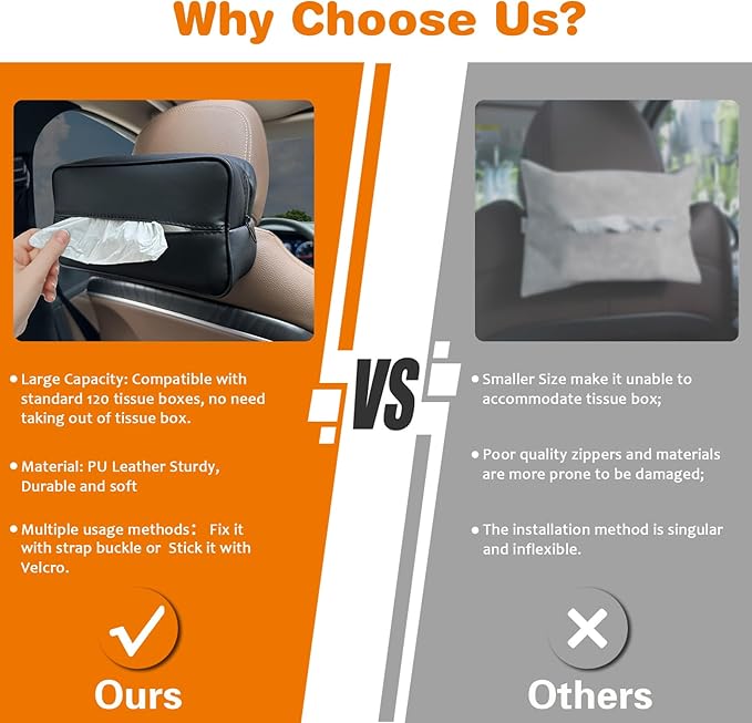 Large Car Tissue Holder for 120 Standard Tissues, Premium PU Leather Tissue Holder in Car Backseat Rectangular, Napkin Holder for Car Fits for Kleenex Tissues Box Daily Use Black (2, Black)