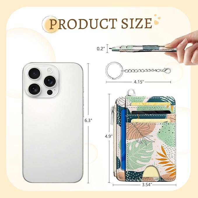 Abstract Boho Leaves Credit Card Holder Small Wallet Women, Slim RFID Blocking Wallet Woman Keychain with Zipper Coin Pocket, Front Pocket Thin Travel Card Case ID Window Female Ladies Gifts