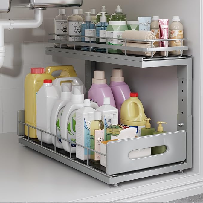 1 Pack 18 IN Depth Under Sink Organizer with Smooth Ball Bearing Slides, 2-Tier Pull Out Cabinet Storage, Slide Out Drawers for Bathroom&Kitchen, Rust-resistant Coating, Height Adjustable - Gun Gray