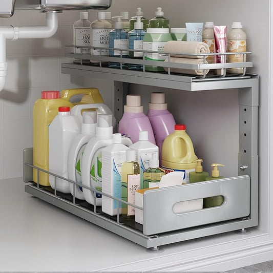 1 Pack 18 IN Depth Under Sink Organizer with Smooth Ball Bearing Slides,2-Tier Pull Out Cabinet Storage,Slide Out Drawers for Bathroom&Kitchen,Rust-resistant Coating,Height Adjustable-Gun Gray