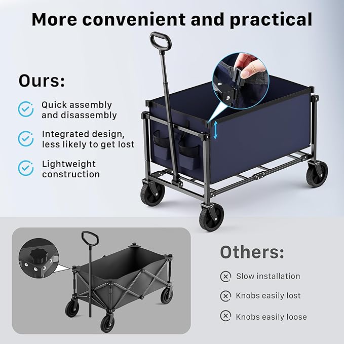 29.3" Collapsible Wagon Cart, 150L Heavy Duty Folding Utility Wagon with Wheels, 260 lbs Load, Portable Rolling Cart for Garden, Shopping, Sports, Camping, DarkBlue