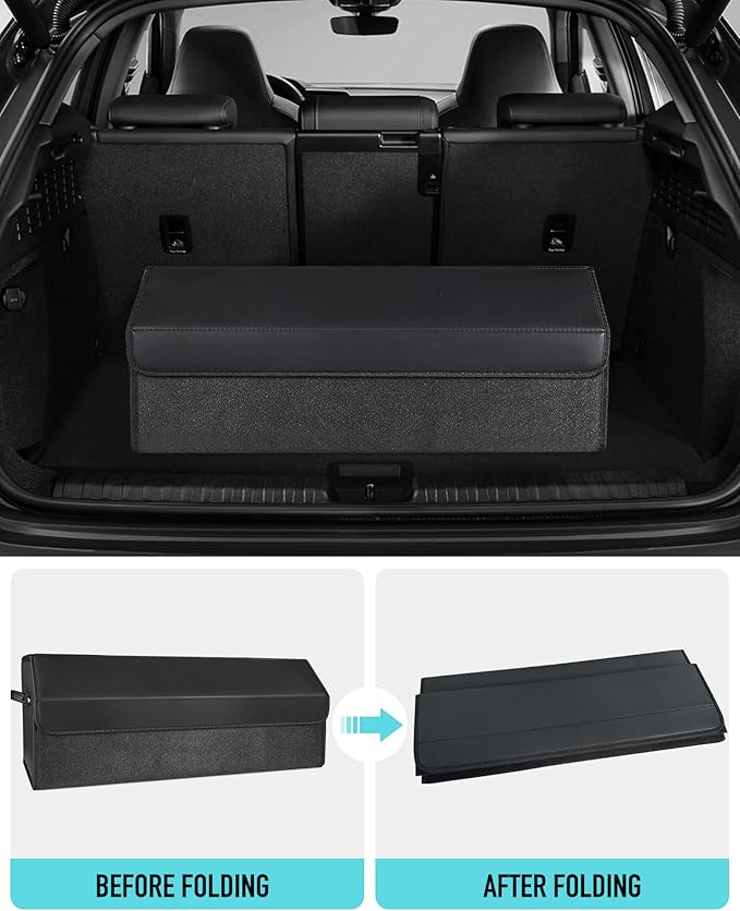 Fyzeoty Car Organizers for Trunk for SUV Sedan, Leather Storage Box, Extra Large, Magnetic Lid, Collapsible and Adjustable, S004, Black