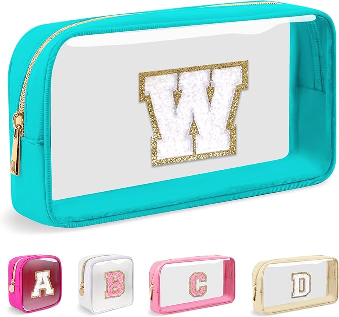 Small Clear Personalized Initial Makeup Bag, Preppy A-Z Chenille Letter Patch Cosmetic Bag, Cute Transparent Nylon Waterproof Zipper Beach Varsity Letter Pouch, Gift for Women Girls(Cyan-White W)