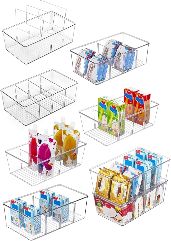 8 Pack Pantry Organizers,Clear Plastic Organizer Bins for Kitchen,Fridge,Drawer Organization and Storage,4 compartment Snack Containers for Spice Packets,Tea bag