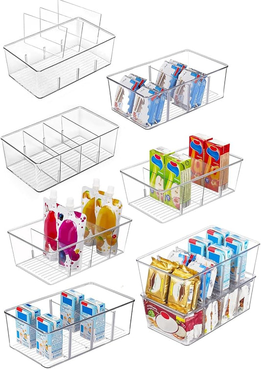 8 Pack Pantry Organizers,Clear Plastic Organizer Bins for Kitchen,Fridge,Drawer Organization and Storage,4 compartment Snack Containers for Spice Packets,Tea bag