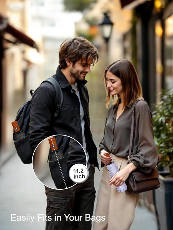 SoulRain Strong Windproof Travel Umbrella with Wooden Handle, Automatic Open Close Compact Folding for Rain & Sun UV Protection, Lightweight Durable Portable for Car, Backpack, Women & Men