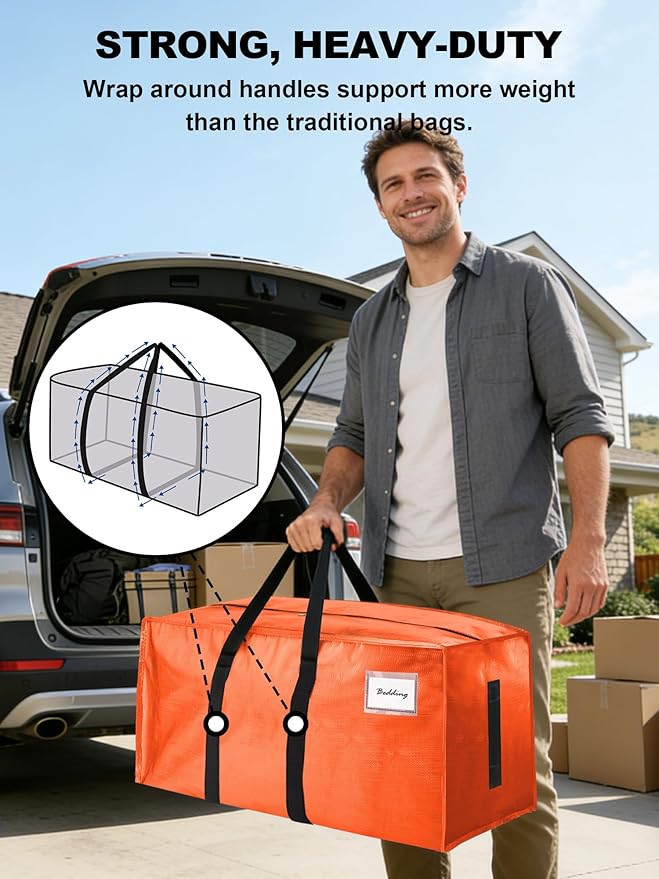 HOMESURE Supports 200lbs Heavy Duty Moving Bags - Strong Zipper & Wrap-Around Handles - Water-Resistant Storage Totes, Durable Alternative to Moving Boxes - 12 Pack - Orange