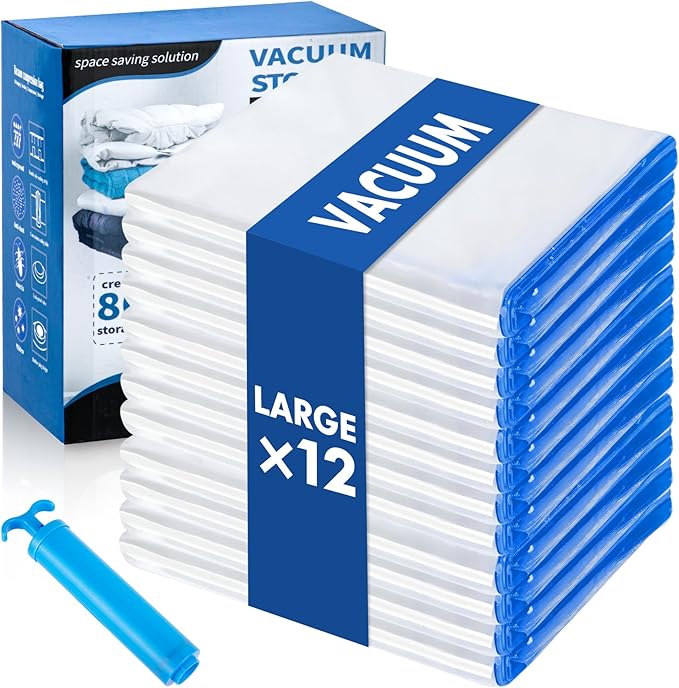 Vacuum Storage Bags with Hand Pump, 12 Large Compression Space Saver Vacuum Seal Bags for Clothing, Travel, Luggage, Comforters, Blankets, Pillows, Bedding, Duvets