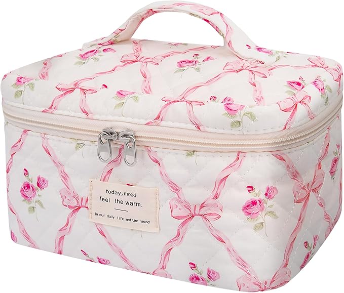 Large Makeup Bag, Cute Cosmetic Bag for Women Girls, Floral Coquette Aesthetic Toiletry Bag, Travel Make Up Organizer Bag (Pink Butterfly)