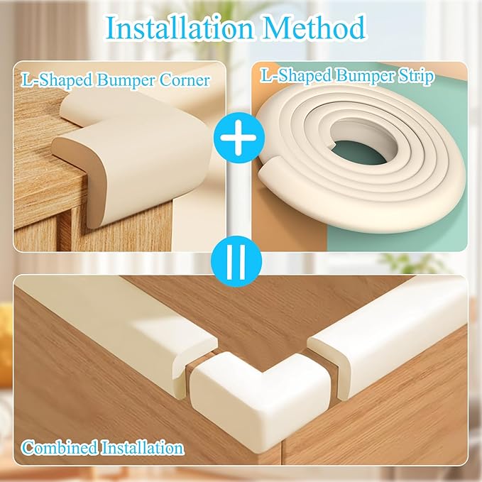 Baby Proofing Edge & Corner Protectors, 1 Roll White Foam L-Shape Self-Adhesive Bumper Strip + 4 Corner Guards, Wall & Furniture Safety Bumpers for Nursery, Kitchen, Fireplace, Table, Desk