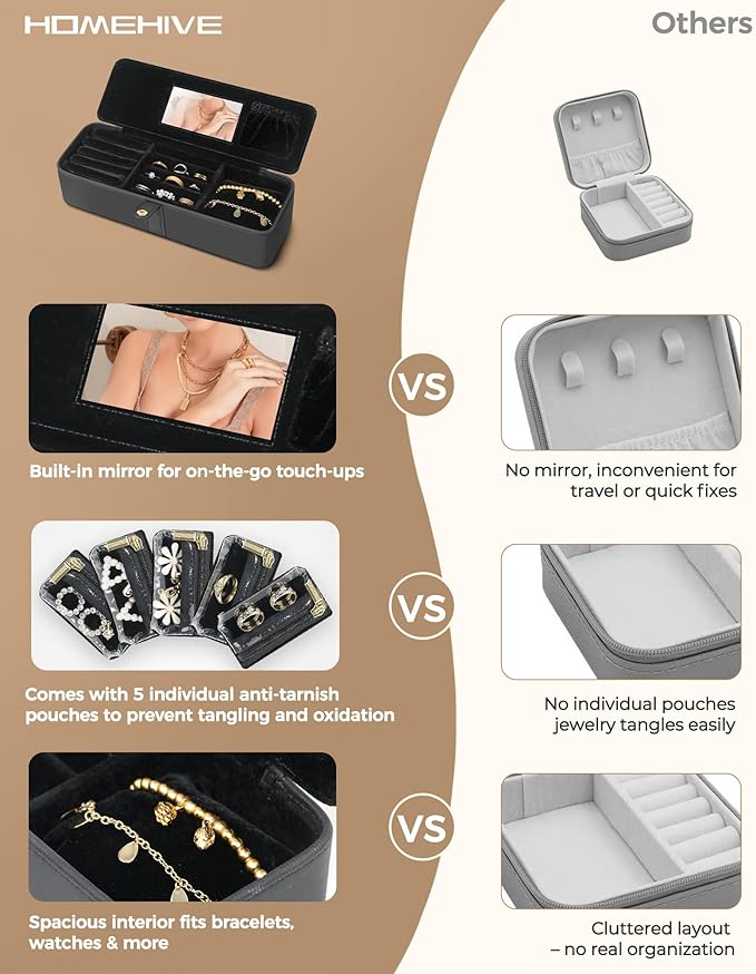 Travel Jewelry Organizer Box – Leather Jewelry Case Gift for Women and Girls – Jewelry Organizer and Storage with 5 Anti-Tarnish Velvet Pouches & Mirror – Portable for Trips and Daily Use
