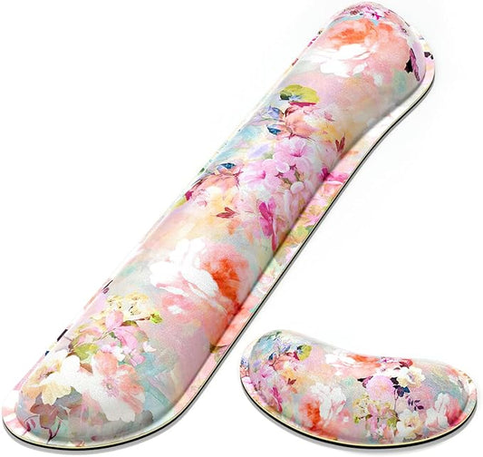 Dapesuom Enlarge Keyboard Wrist Rest, Memory Foam Wrist Cushion for Desk Mats Support, Cute Flower Pain Relief Keyboard Mouse Pad Rests Set with Non-Slip Base for Gaming Laptop Office, Peonies Floral