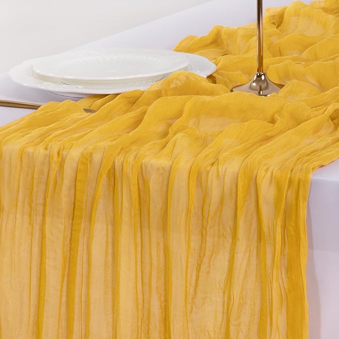Socomi Gold Yellow Cheesecloth Table Runner Summer Boho Rustic Gauze 120 inch 10FT Cheese Cloth Sheer Runner for Wedding Party Baby Shower Birthday Home Decor Holiday Decorations