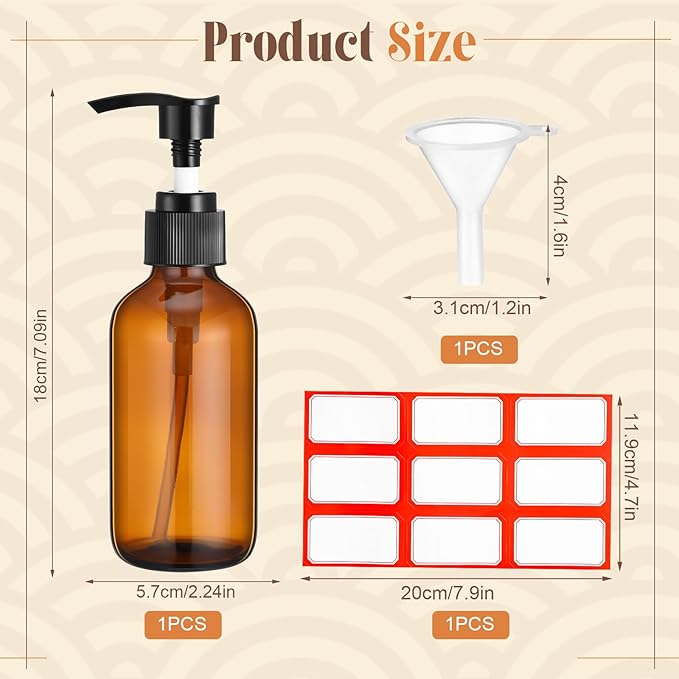 Fumete 2 Pack Glass Bottles 4oz Empty Refillable Liquid Containers with 1 Label 1 Funnel for Essential Oils Hair Travel Plants Cleaning Skin Care(Amber, Black Top,Pump Bottle)