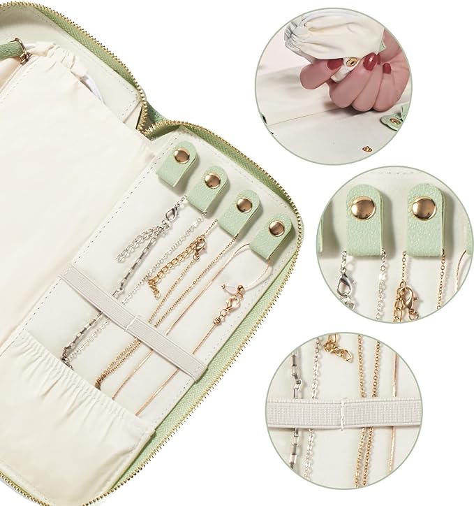 Travel Jewelry Organizer Case - for Tangle-Free Necklaces, Earrings, Rings, Bracelets Storage, Travel Essentials, Fashion Portable Jewelry Travel Bags for Women - Medium Macaron Green