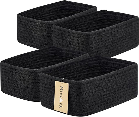MiniArk Small Storage Baskets for Organizing | Closet Organizer Bins | Shelf Toy Basket | Woven Rope Baskets | Cube Decorative Box | Shallow Basket | 11.5x7.5x4.7” | 4 Packs Black