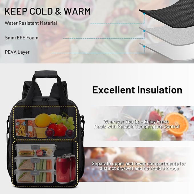 MIER Backpack Cooler 24 Cans Insulated Soft Cooler Bag with Detachable Double Decker Leakproof Lightweight Lunch Back Pack Women Men for Work Travel Picnic, Black