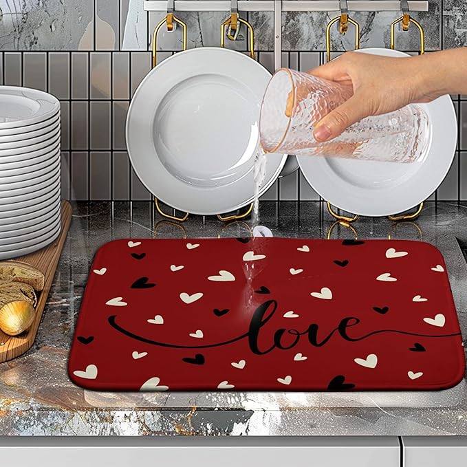 Valentine Dish Drying Mat for Kitchen Counter Valentines Day Red Black Love Heart Holiday Drying Mats Absorbent Microfiber Dish Draining Mat Medium Dish Rack Pad 16x18 Inch