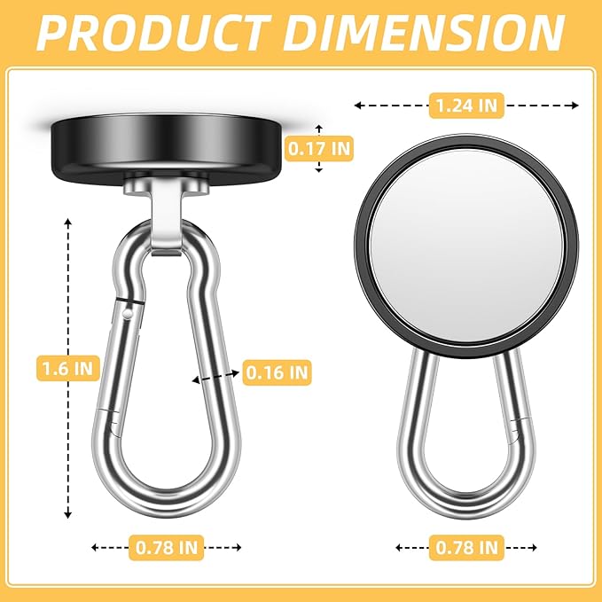FINDMAG Strong Magnetic Hooks, 100LBS Neodymium Magnet with Swivel Carabiner Hook, Cruise Ship Essentials, Heavy Duty Magnetic Hooks for Hanging, Garage, Kitchen, Grill, Office -12 Pack