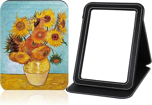 Travel Compact Mirror Rectangular Small Portable Folding Mirror for Purses Makeup Bag Handheld/Adjustable Stand for Desk Mirror Van Gogh Sunflowers Gifts