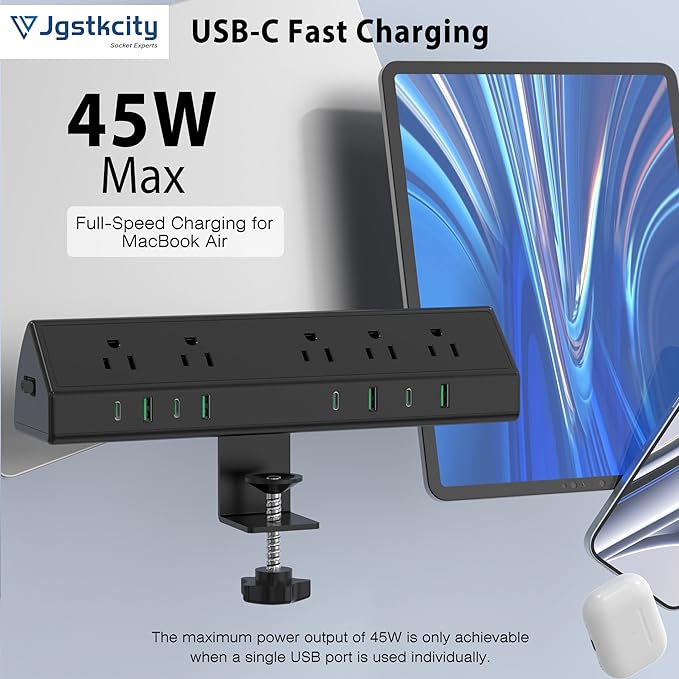 Jgstkcity Desk Clamp Power Strip, 45W Fast Charging Station, 4 USB-C, 4 USB-A, Desk Mount Surge Protector, 1875W Extension Cord with Multiple Outlets, ETL Listed, for Home Office Dorm Room
