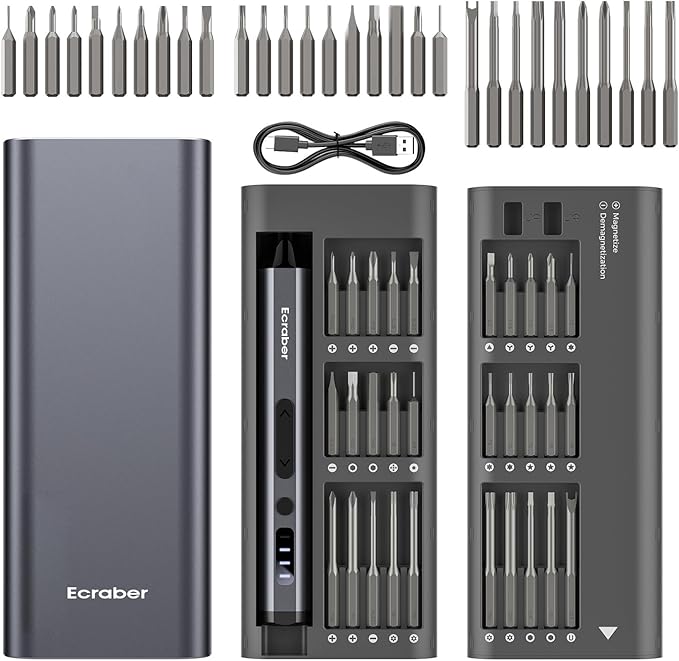 34-in-1 Mini Electric Precision Screwdriver Sets, Cordless Screwdriver with 30pcs S2 Magnetic Bits, 4 LED lIghts, 5 Torque Settings，Repair Tool Kit for Phone, Watch, Drones, Computer, Laptop