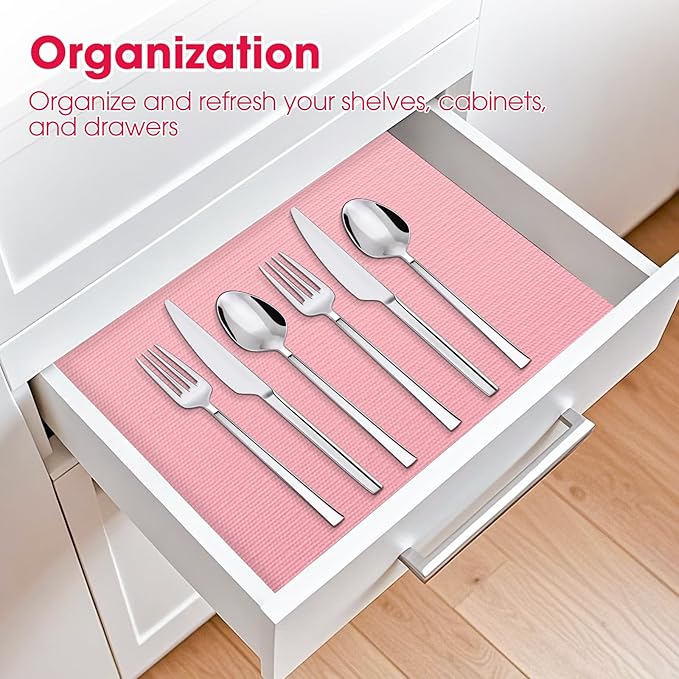 Drawer and Shelf Liner, Non-Slip Kitchen Cabinet Liners Non-Adhesive Thick Strong Grip Waterproof Washable Mats Protect Dresser Shelves Cupboard Bathroom Cabinets, Pink, 24 in X 10 FT