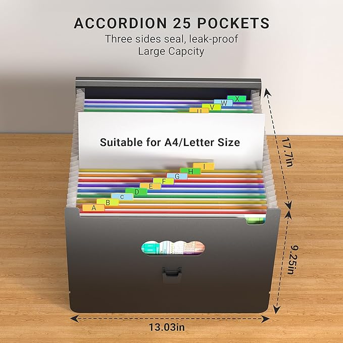 25 Pockets Expanding File Folders,Portable Accordion File Organizer,Expandable File Folder,Bill,Paper Receipt,Document Organizer,Plastic Accordian Filing Box,Colored Tabs,A4/Letter Size