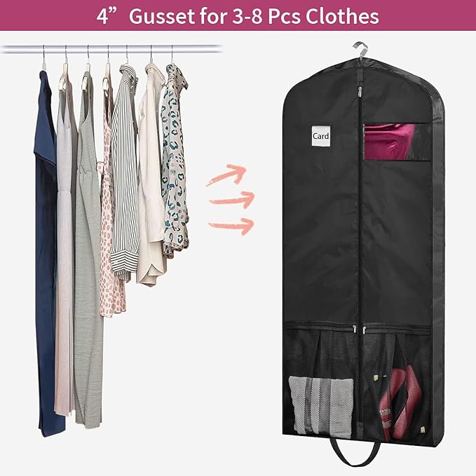 54" Garment Bags for Travel, 2 Pack Dress Bag for Hanging Clothes Storage with Pockets and Clear Window, 4" Dress Storage Bag for Long Coat, Jacket, Sweater, Shirts, Suits