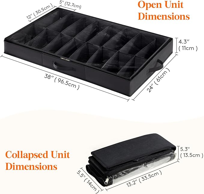 Lifewit Under Bed Shoe Storage Organizer 1 Pack (16 Pairs), 4.3" Tall Fabric Shoes Container Box, Foldable Closet Shoe Bag with 2 Reinforced Handles and Clear Cover, Black