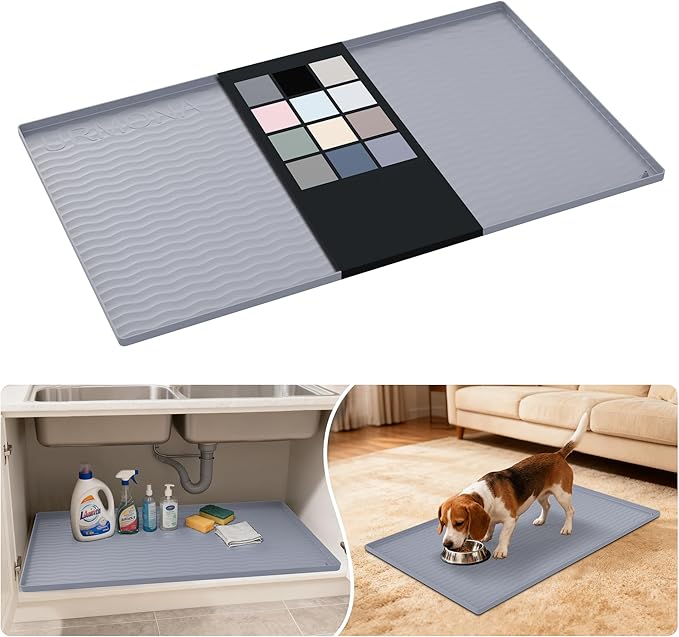 URMONA Waterproof Silicone Under Sink Mat 37'' x 22'' Shelf Liner for Kitchen and Bathroom, Cabinet and Counter Protector, Storage and Organizers, Litter Mat, Pet Cat Puppy Essentials(Light Grey)