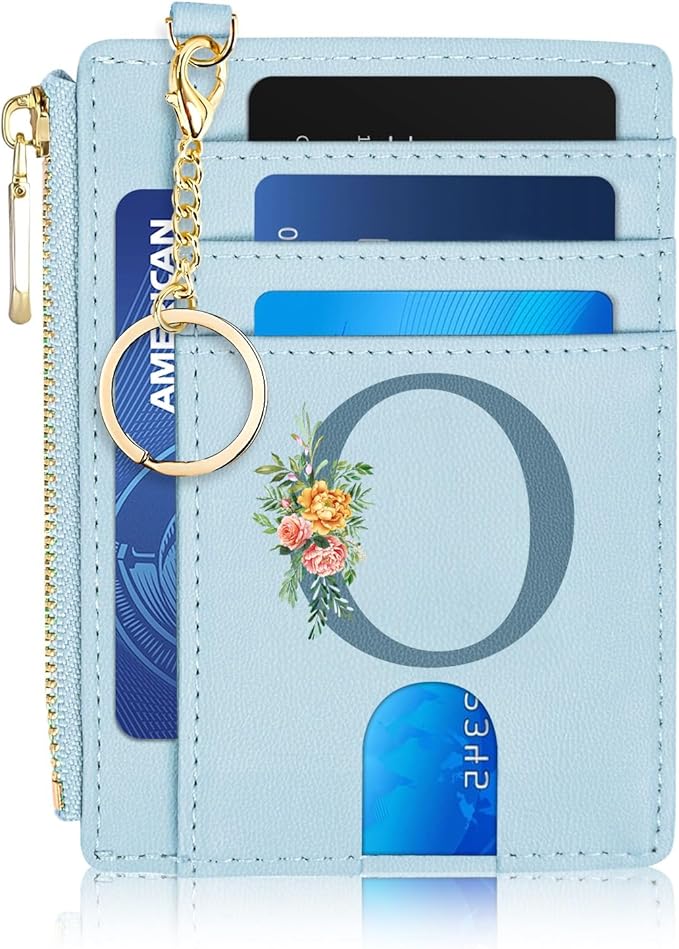 Credit Card Holder for Women Slim Minimalist Front Pocket RFID Blocking Wallet Small Compact Card Case with ID Window Zipper Pocket, Personalized Bridesmaid Gifts for Mom,O (Blue)